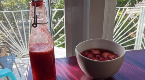 Finished syrup along side macerating strawberries